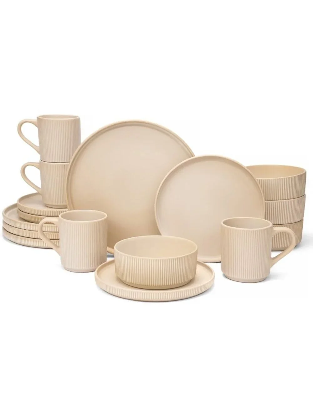16-Piece Handcrafted Dinnerware Set for 4, Ribbed Stoneware, Chip Resistant